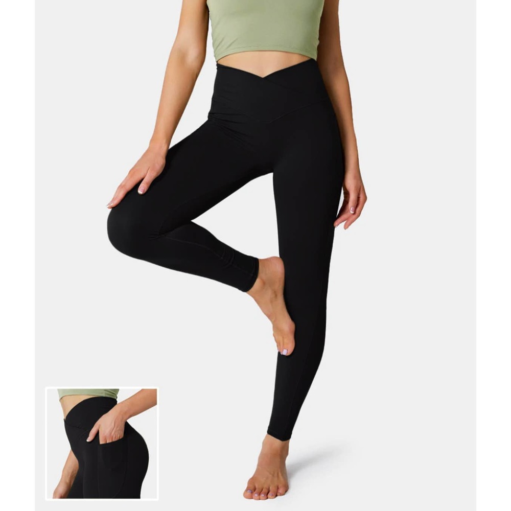 Halara Cloudful Crossover Pocket Plain Black Leggings Size XL NWT